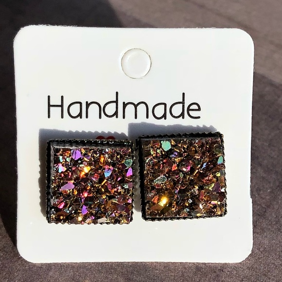 Copper Magenta Chunky Druzy Square Bronze Earrings - Picture 3 of 11